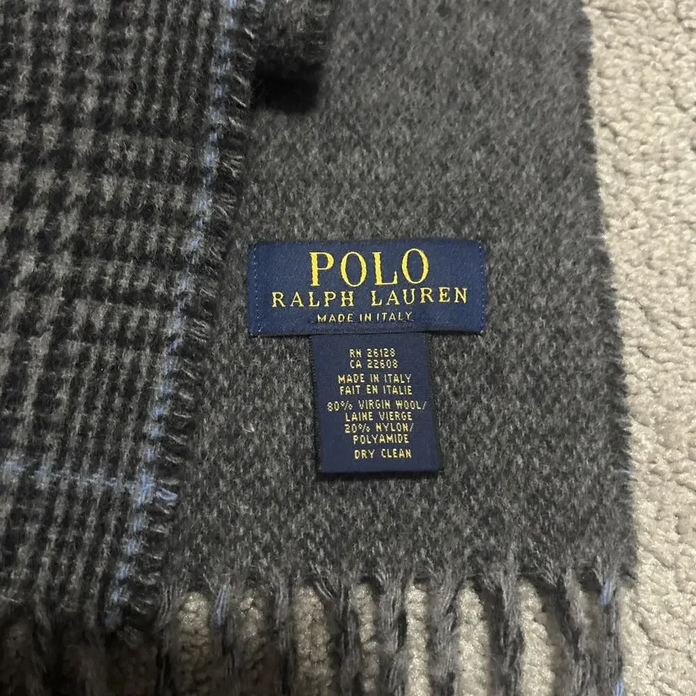 Polo Ralph Lauren Scarf Adult One Size Gray Lambswool Nylon Plaid Fringe Italy